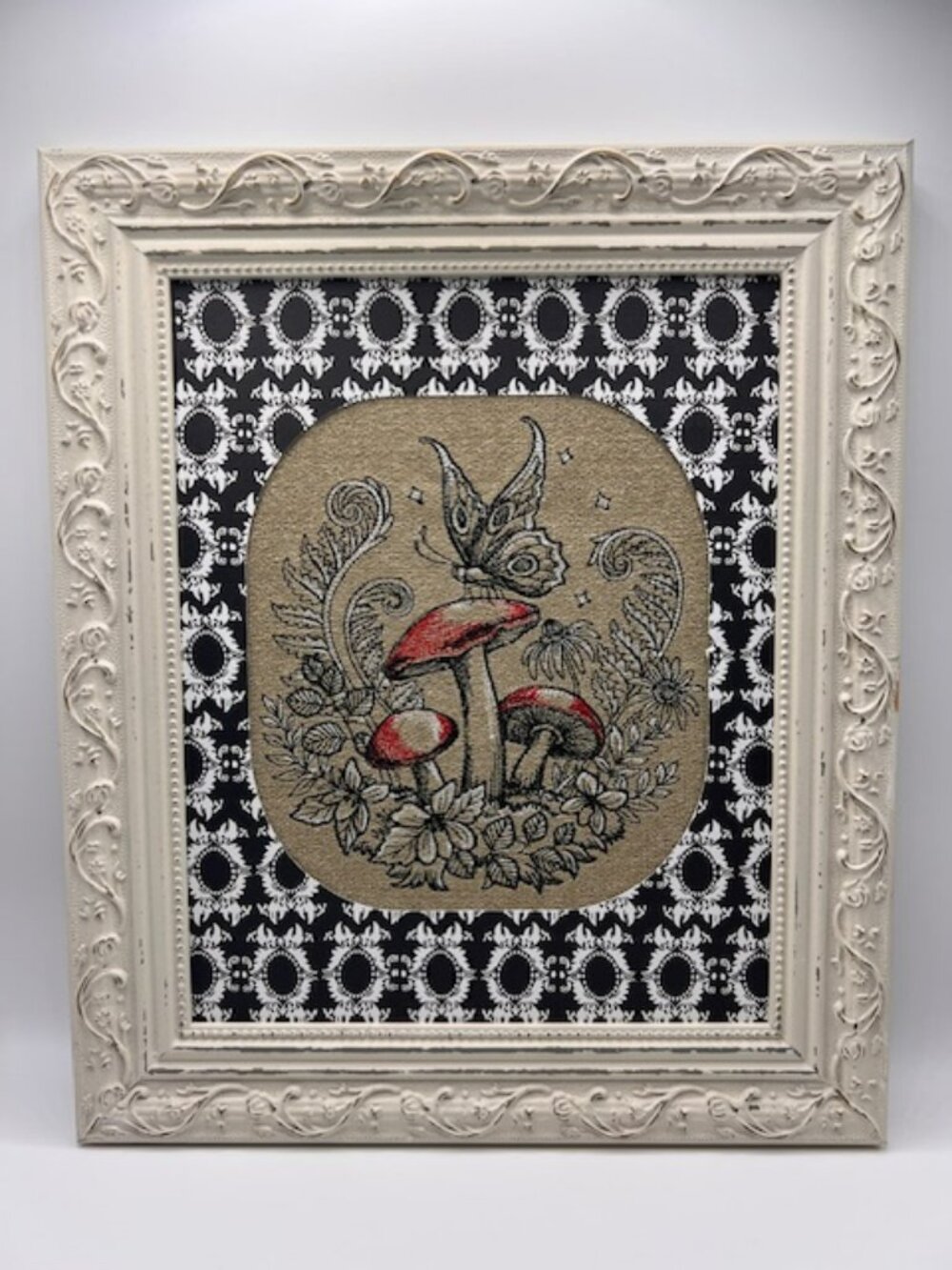 Homemade Butterfly On Mushroom Framed 8X10 Embroidery Art